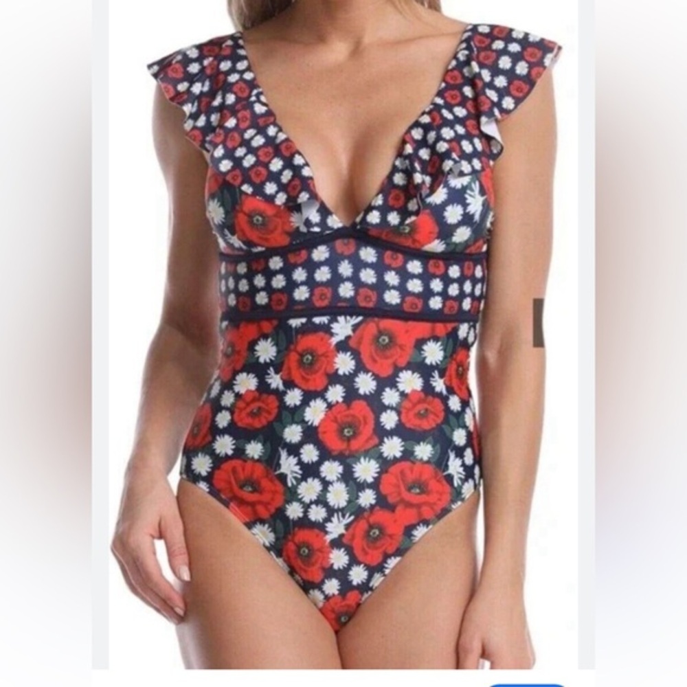Juicy Couture Floral Print Deep V Ruffle One Piece Swimsuit-A445